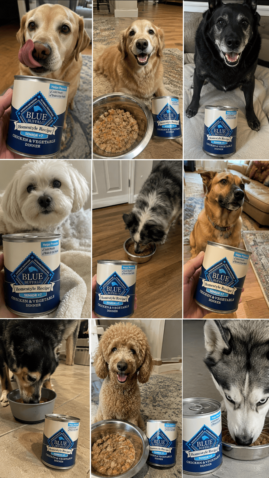 Small dogs eating Blue Buffalo Homestyle Recipe Senior 7+ wet dog food
