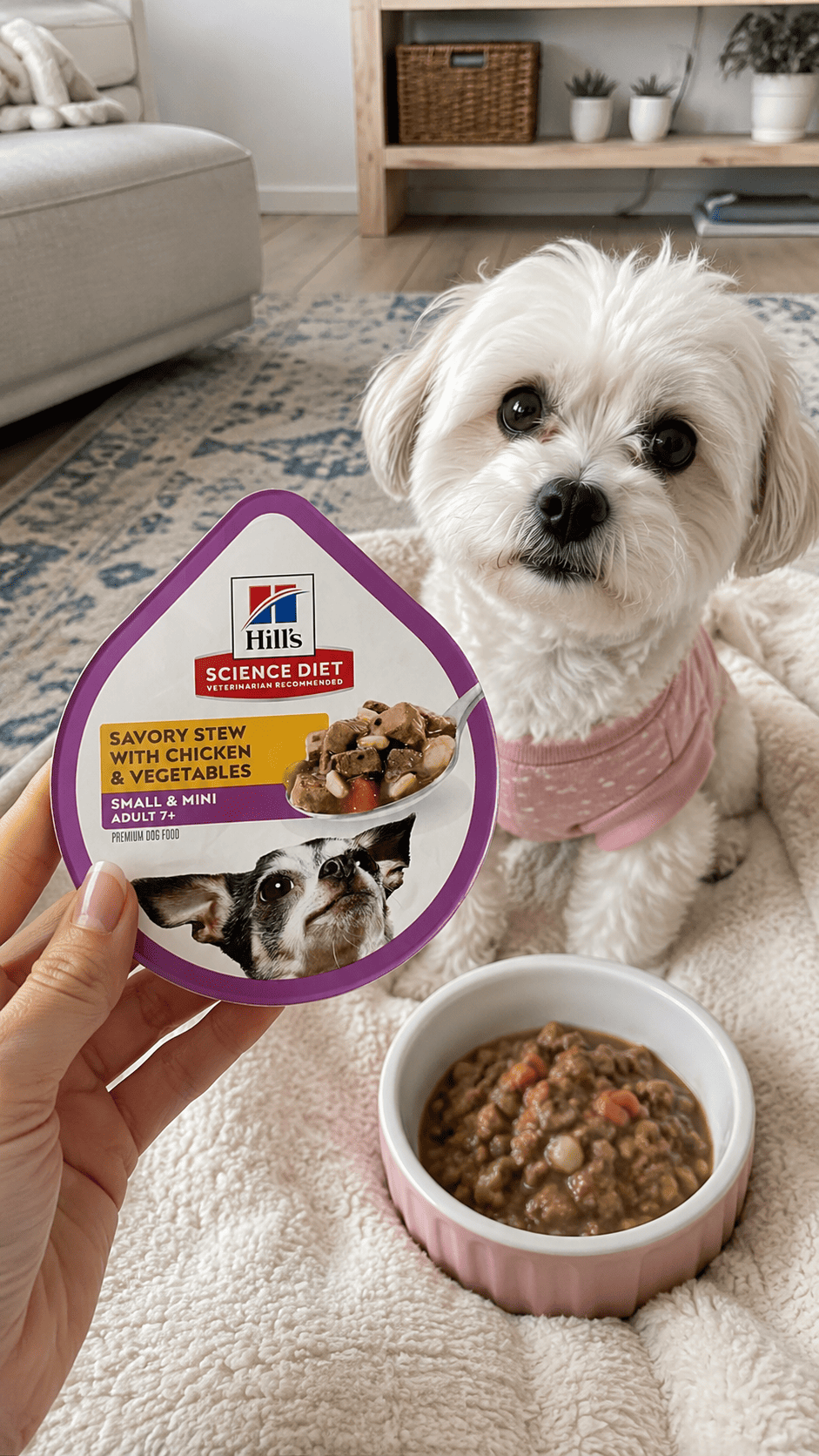 Small senior Shih Tzu eating Hill's Science Diet Adult 7+ Small & Mini wet dog food at home