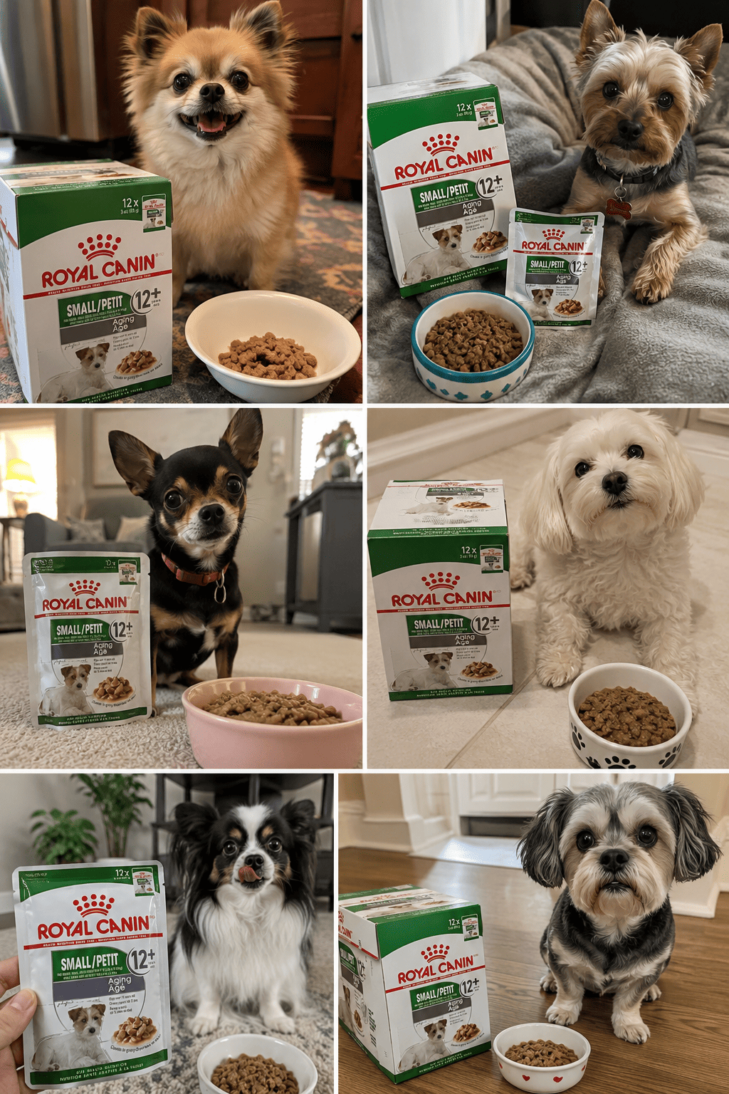 Small dogs eating Royal Canin Small Aging wet dog food pouch