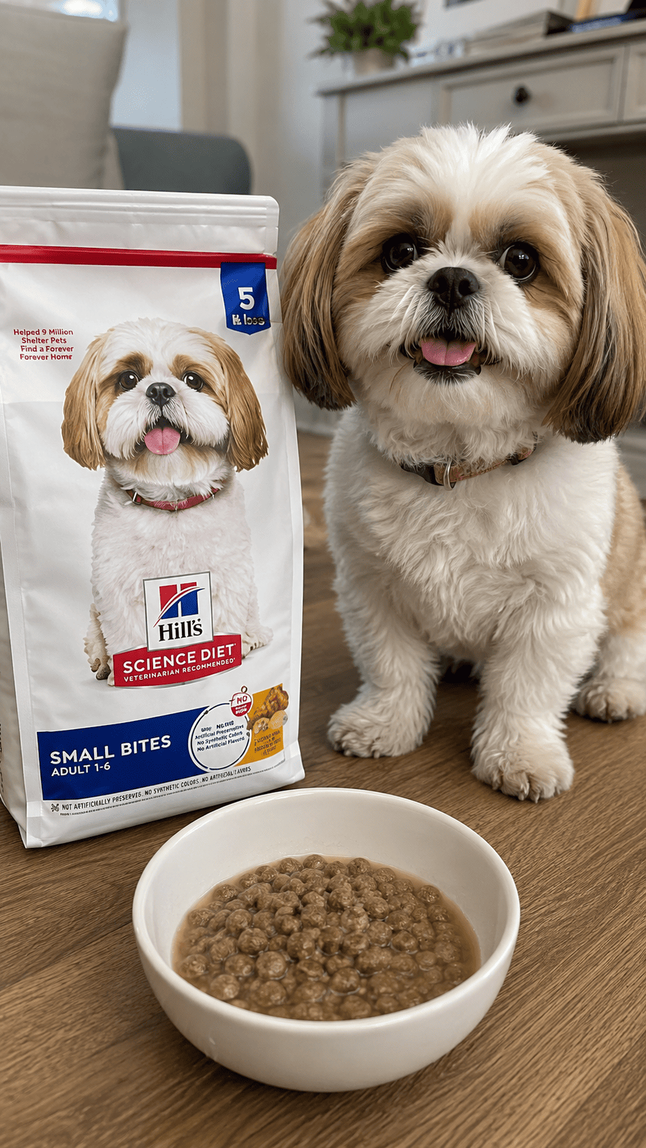 Small senior Shih Tzu eating Hill's Science Diet Adult 7+ Small Bites dry dog food at home