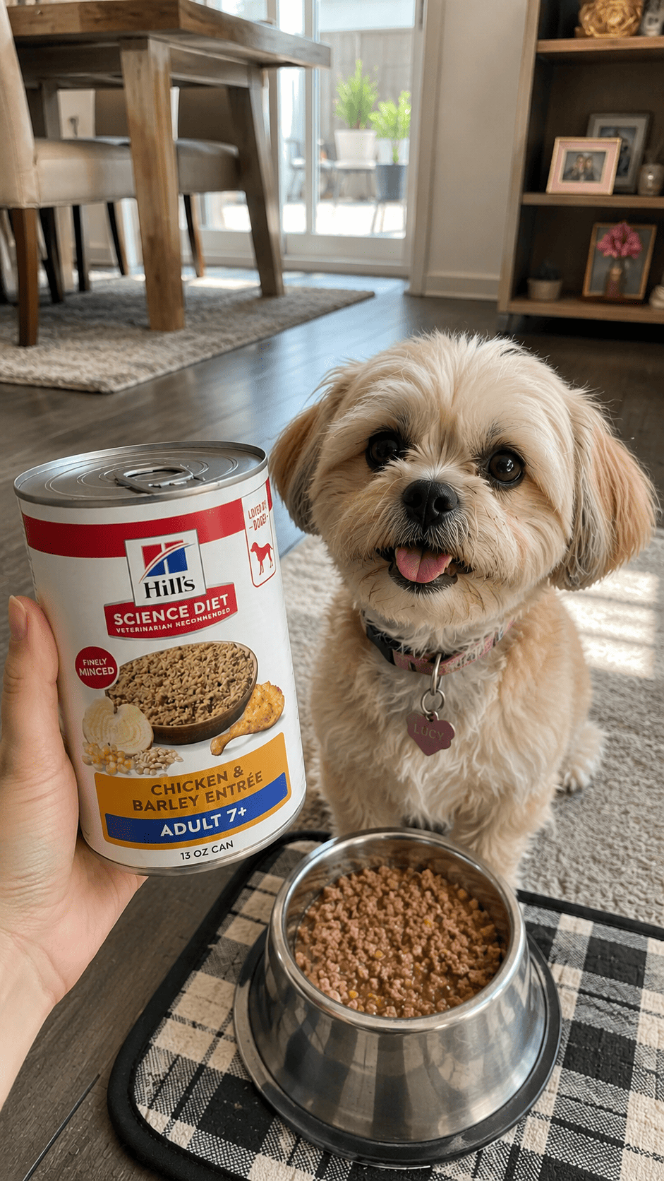 Small senior dog eating Hill's Science Diet Adult 7+ Chicken & Barley wet dog food at home