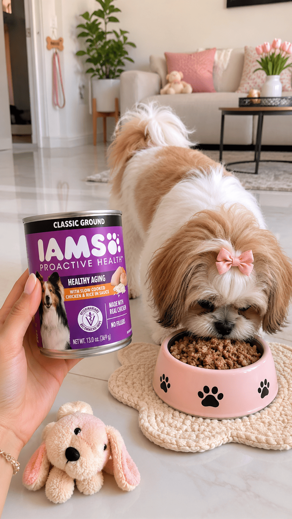 Small senior Shih Tzu eating IAMS Proactive Health Senior wet dog food at home